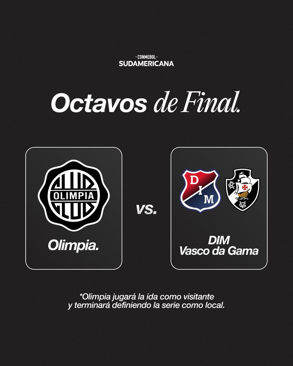 elClubOlimpia's tweet photo. ✅️ Jugaremos ante el ganador de la serie entre DIM 🇨🇴 y Vasco da Gama 🇧🇷 en los Octavos de Final de la CONMEBOL Sudamericana 2026.

¡𝐕𝐚𝐦𝐨𝐬, 𝐑𝐞𝐲 𝐝𝐞 𝐂𝐨𝐩𝐚𝐬! ⚔️ https://t.co/ksKUeUcnPC