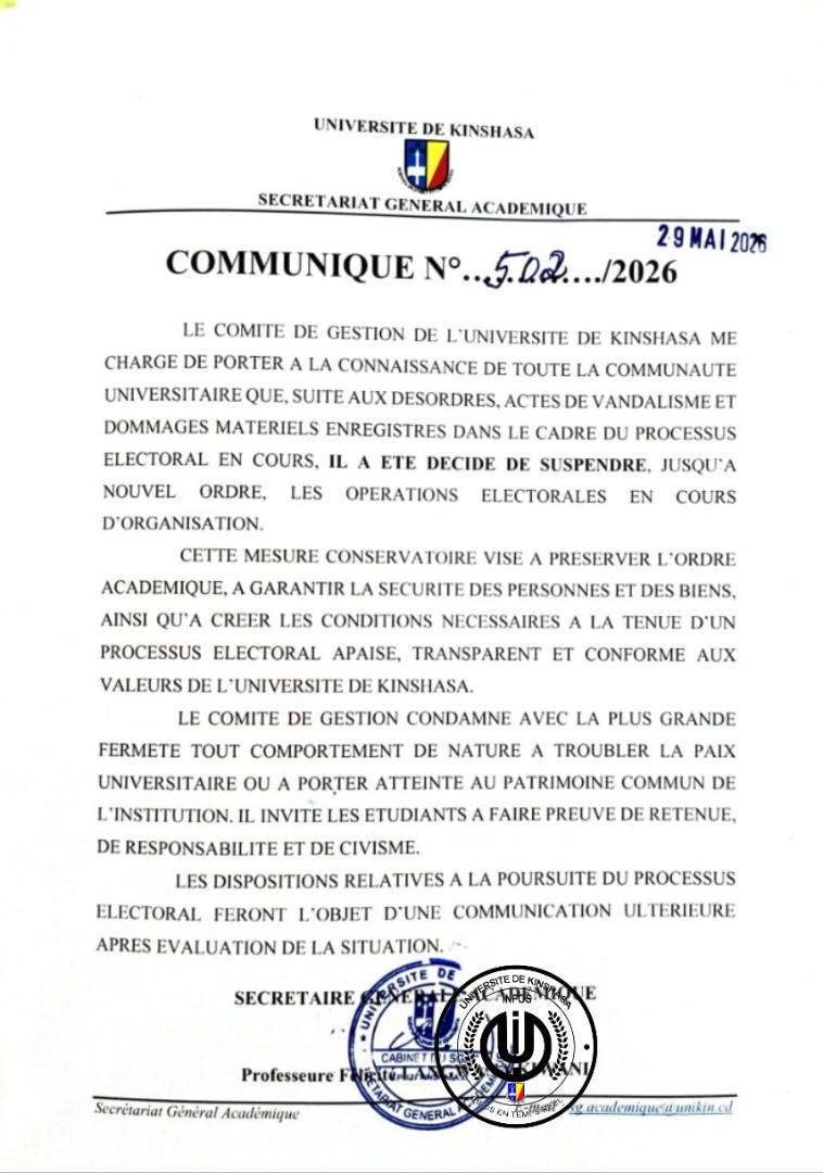 Infos_Unikin01's tweet photo. 🚨ÉLECTIONS SUSPENDUES À L'UNIKIN 🗳️❌!
​Par communiqué N°502/2026, le Comité de Gestion arrête le processus électoral suite aux désordres sur le campus. Face aux bugs techniques constatés en vidéo, les étudiants exigent l'annulation pure et simple du scrutin. 
​#InfosUnikin https://t.co/nLfhTdg74j