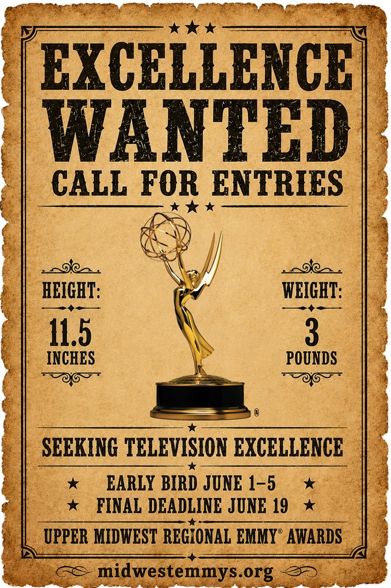 MidwestEmmys's tweet photo. Excellence WANTED! Check out the @midwestemmys Call For Entries new categories and new rules now at https://t.co/q47eBo8QDl. Early bird entries open Monday, June 1. https://t.co/fcWX6o63zs