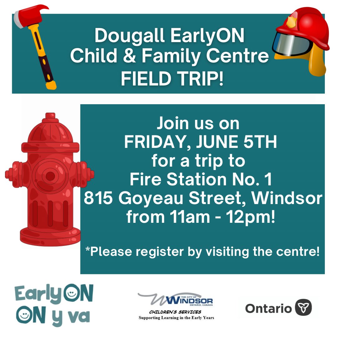 WEEarlyON's tweet photo. Dougall EarlyON Child &amp; Family Centre Field Trip! Join us on Friday, June 5th for a trip to Fire Station No. 1, 815 Goyeau Street, Windsor from 11am - 12pm! 
*Please register by visiting the centre! https://t.co/MSp5NmR26v