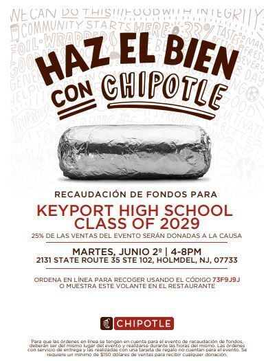 KeyportSchools's tweet photo. Come out and support Keyport High School's Class of 2029 and get a meal!!!  Please be sure to show the flyer or use the online code. https://t.co/Gkw0yTq5mX
