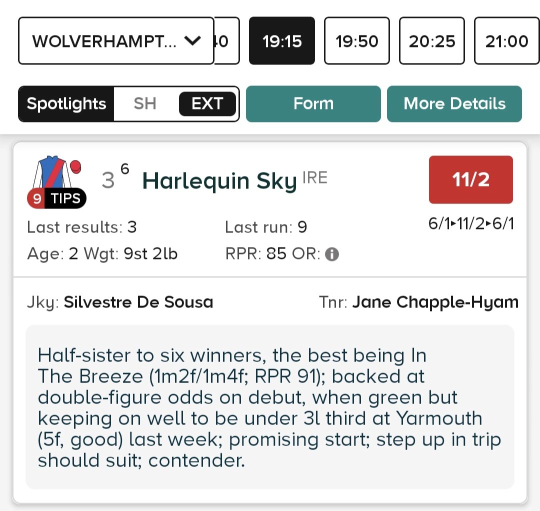 TomRodgers0's tweet photo. 19:15 Wolverhampton - Harlequin Sky  11/2

Ran well on debut at Yarmouth and was a little green in what looked a decent enough contest. 

Hopefully she steps forward from that here tonight knowing her job more. Step up in trip should suit too. 

1pt E/W (2pts total) 2pl https://t.co/bkOnAvORLX