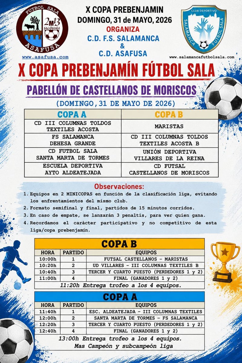 Asafusa's tweet photo. Último baile de la temporada ⚽🏆
El domingo ponemos el broche final con la Copa Prebenjamín en Castellanos.

Ha sido un año de aprendizaje, ilusión, compañerismo y muchas sonrisas.

Toca disfrutar juntos del último día de fútbol sala de la temporada 💙

¡Disfrutarlo al máximo! https://t.co/E56YJ5ib7i