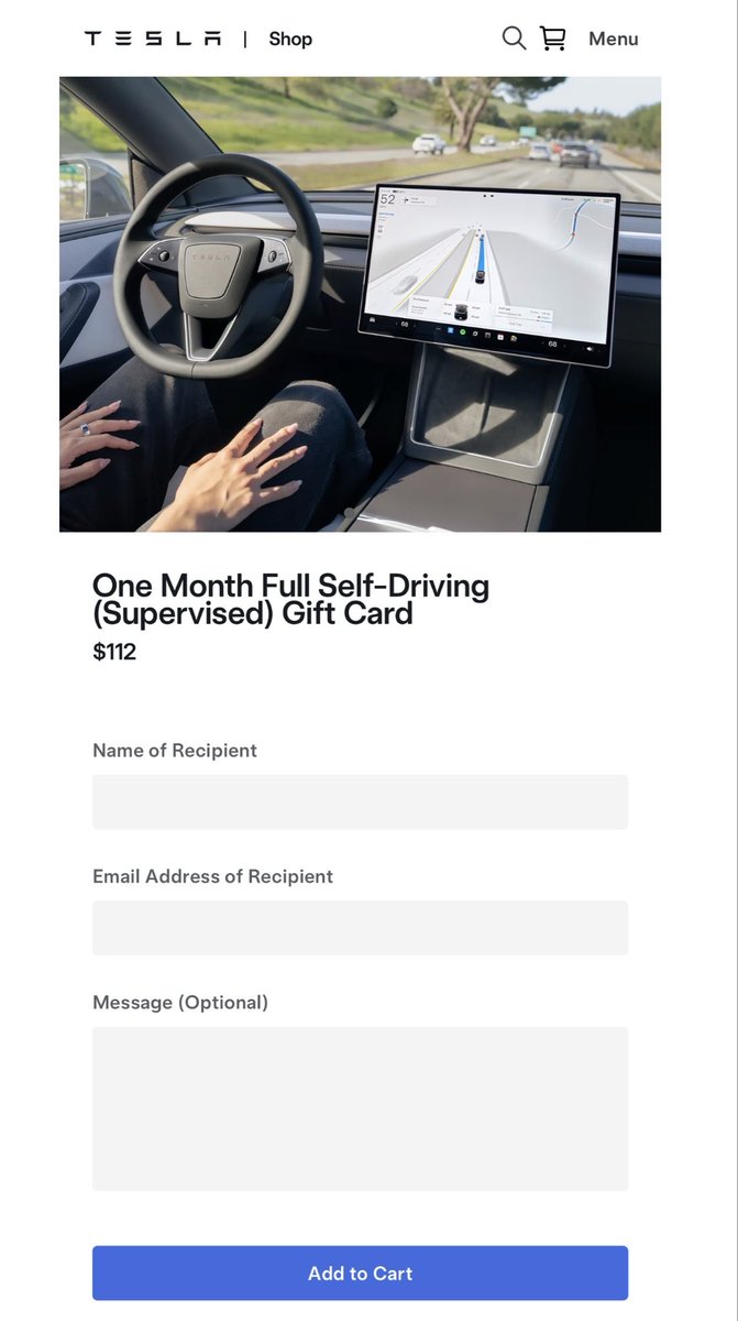aboutJT's tweet photo. Tesla making it easy with a One Month Full Self-Driving (Supervised) Gift Card 🎁 https://t.co/f9odGPdjy7