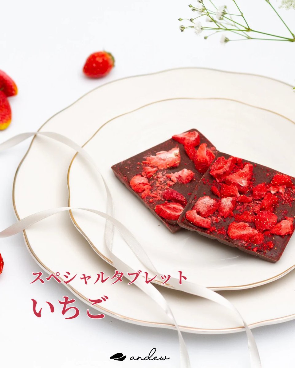 andew_chocolate's tweet photo. もうすぐ6月。来週あたりから雨の日も増えて、梅雨が近づいてきそうですね☔☺️

そんな季節におすすめなのが、いちごタブレット🍓
やさしい甘みのチョコレートに、無添加のドライいちごをたっぷりトッピングしました🤍

甘さと酸味のバランスが心地よい、気分を上げたい日にぴったりの一枚です🍫🧡 https://t.co/ak0jJRjbrt