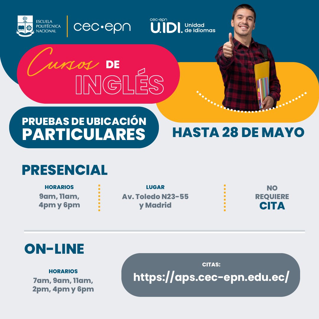 CEC_EPN2014's tweet photo. #InglésCEC Prepárate para destacar como un profesional bilingüe.  Agenda tu prueba gratuita: https://t.co/uDlmOCxv9g. ¡Matrículas abiertas! Revisa esta guía paso a paso: https://t.co/IyyMKUQeXN.

Matrículas del 4 al 28 de mayo, 2026
Más información: https://t.co/qaOn5VmJnK https://t.co/qU9E1h15Ct
