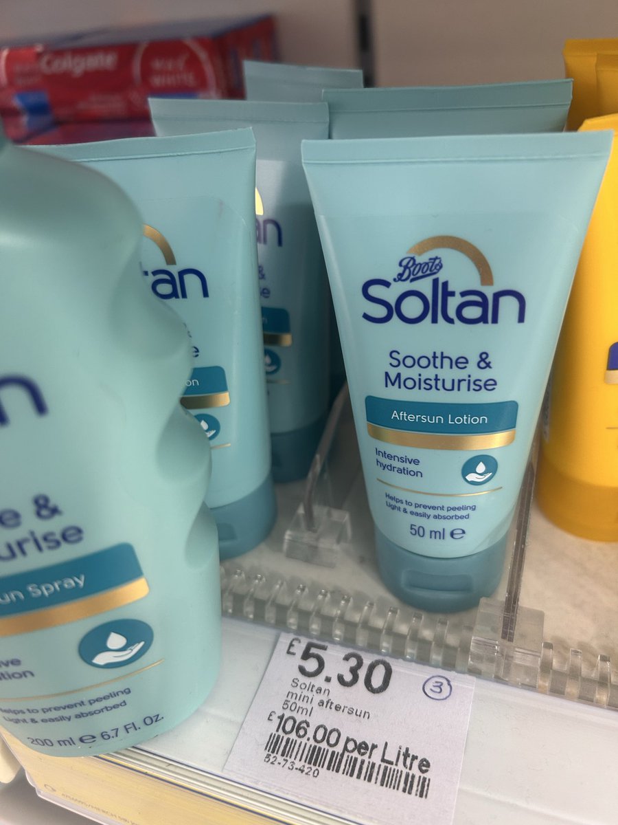 mcintoshlee's tweet photo. 200ml Soltan Aftersun: £5.50 (£27.50/L)

50ml Travel Soltan Aftersun: £5.30 (£106/L)

Almost 4x the price per litre!

Disgusting exploitation @BootsUK disguised as convenience.

#ConsumerRights #Shrinkflation #CostOfLivingUK https://t.co/7kjXO5N9Fa