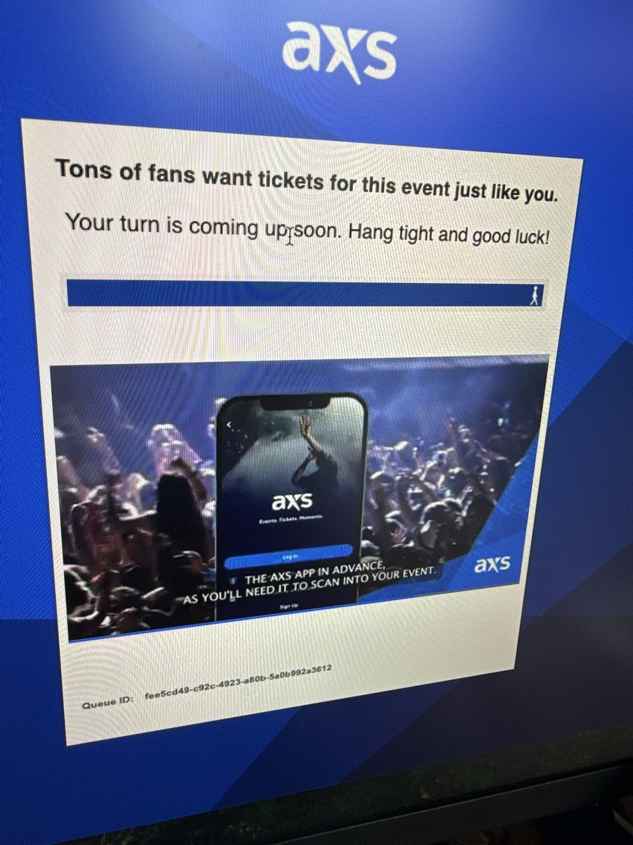 SteffKopp's tweet photo. Hey @axs can you explain why I got through the queue, then kicked out with an “oh no!” Message, then kicked to the WAITING ROOM, then stuck at the front of the queue? I don’t know that it would’ve made a difference for this event, but do think your site thinks I’m a bot :( https://t.co/LNzGV20Jcm