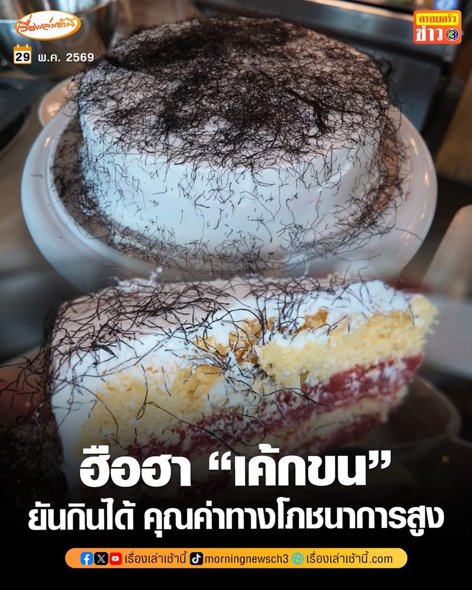 PotjanachM's tweet photo. เค้กหน้าตาแบบนี้ ใครกล้ากินมั่งอ่ะ เค้าบอกเป็นสาหร่ายเส้นผมที่ใช้แต่งหน้าเค้ก คุณค่าทางโภชนาการสูง แต่ฉันเห็นแล้วก็ลังเลอ่ะ ว่าเป็นสาหร่ายหรือขนอะไรกันนะ 😅 https://t.co/3GcDufnfnv