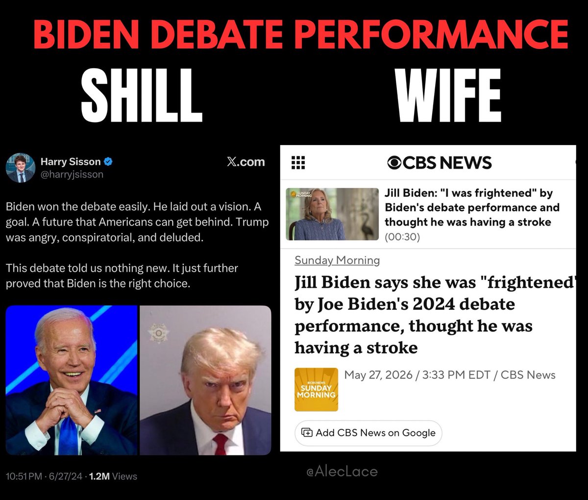 AlecLace's tweet photo. Harry Sisson: “Biden won the debate easily”

Jill Biden: “He did so bad he might’ve been drugged or had a stroke”

Never forget: The same shills who gaslit you then are still gaslighting you on here right now. https://t.co/fU8ppfxCHt
