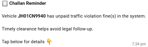 ramDVC's tweet photo. This is regarding Challan No. JH4157169240507114441 dated 04.09.2023 issued against vehicle No. JH01CN9940 for “Not Wearing Protective Headgear” u/s 194D of MV Act, 1988.

I had already raised an objection through MoRTH nearly 2 years ago, however the challan is still showing https://t.co/bvacce4Ln5