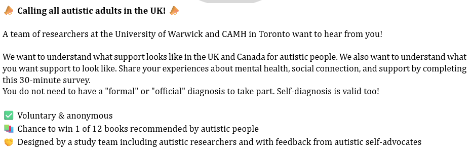 VerityChester's tweet photo. 📣 Calling all autistic adults in the UK! 📣
 
A team of researchers at the University of Warwick and CAMH in Toronto want to hear from you!
 
 🔗 Take part in the survey here: https://t.co/2XWZzrEfOm
Please email Dr Samantha Flynn (S.Flynn.1@warwick.ac.uk) with any questions https://t.co/PWV1vruyKU