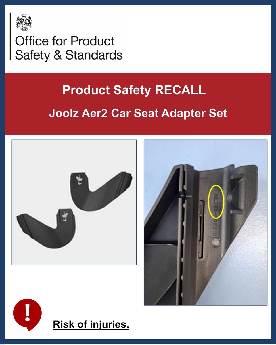 OfficeforSandS's tweet photo. ⚠ Product Recall for Joolz Aer2 Car Seat Adapter Set.

The product presents a risk of injuries because the car seat adapter may fail to properly engage and lock with the spring-loaded pin on the stroller chassis. If this were to happen, the car seat can fully detach from the stroller and fall to the ground.

The product has been recalled from customers by Joolz. Anyone with this car seat adapter should stop using the product immediately.

The Joolz Aer2 Car Seat Adapter Set starts with serial number NL311-

The affected products were sold between June 2025 and May 2026.

For more information on this recall and to register for replacement adapters please visit: https://t.co/qYe0ooDGFm or email csa@joolz.com .

For products sold by John Lewis, please visit: https://t.co/8Xe0fnUkwu

https://t.co/CVIDt8UgME

#UkRecallsAndAlerts #ProductRecall