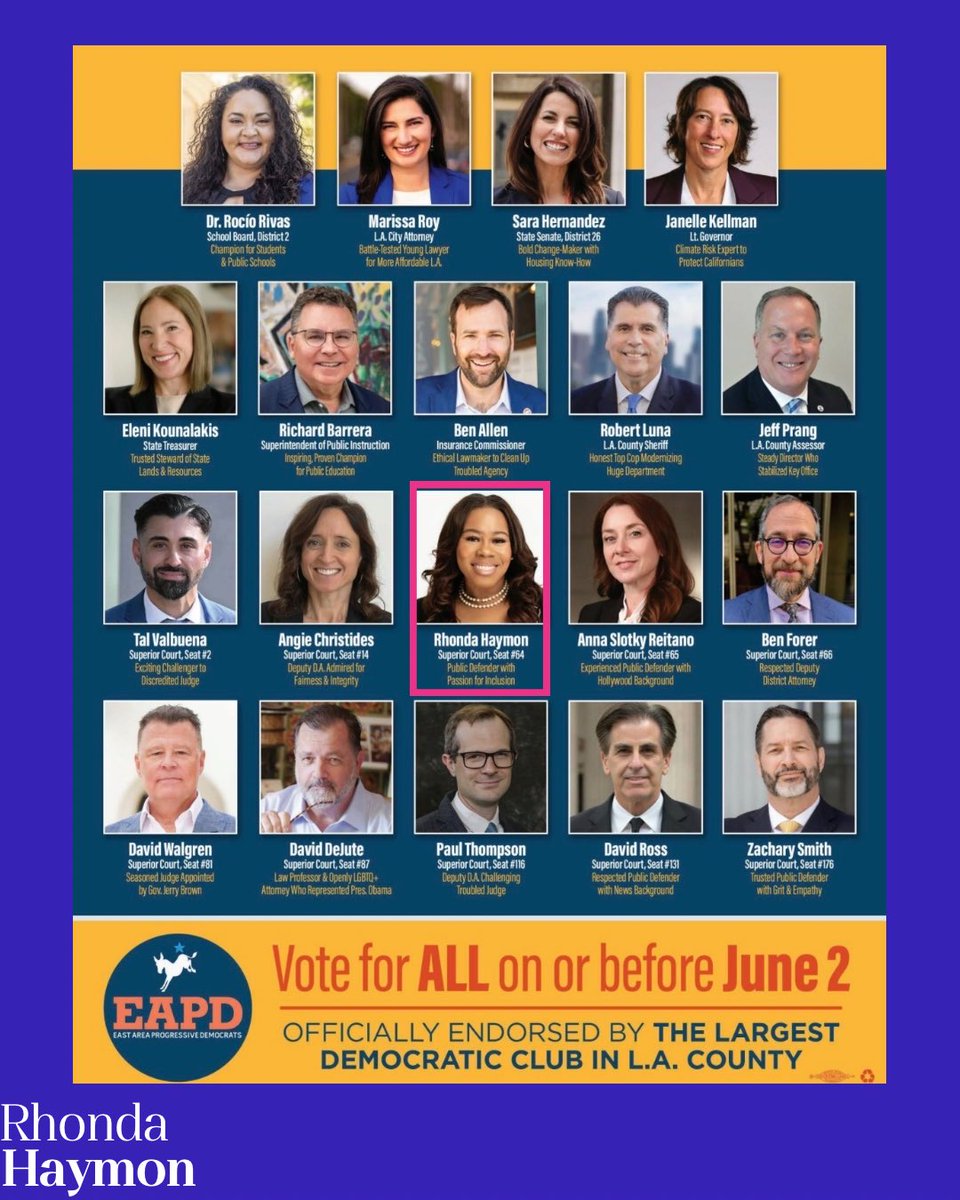 Haymon4Judge's tweet photo. The East Area Progressive Democrats have shared their 2026 election endorsements. I’m grateful to be connected with a community rooted in diverse organizing and civic engagement. 
#EAPD #EastAreaprogressiveDemocrats #RhondaHaymon #LACounty https://t.co/onvYeLEklQ