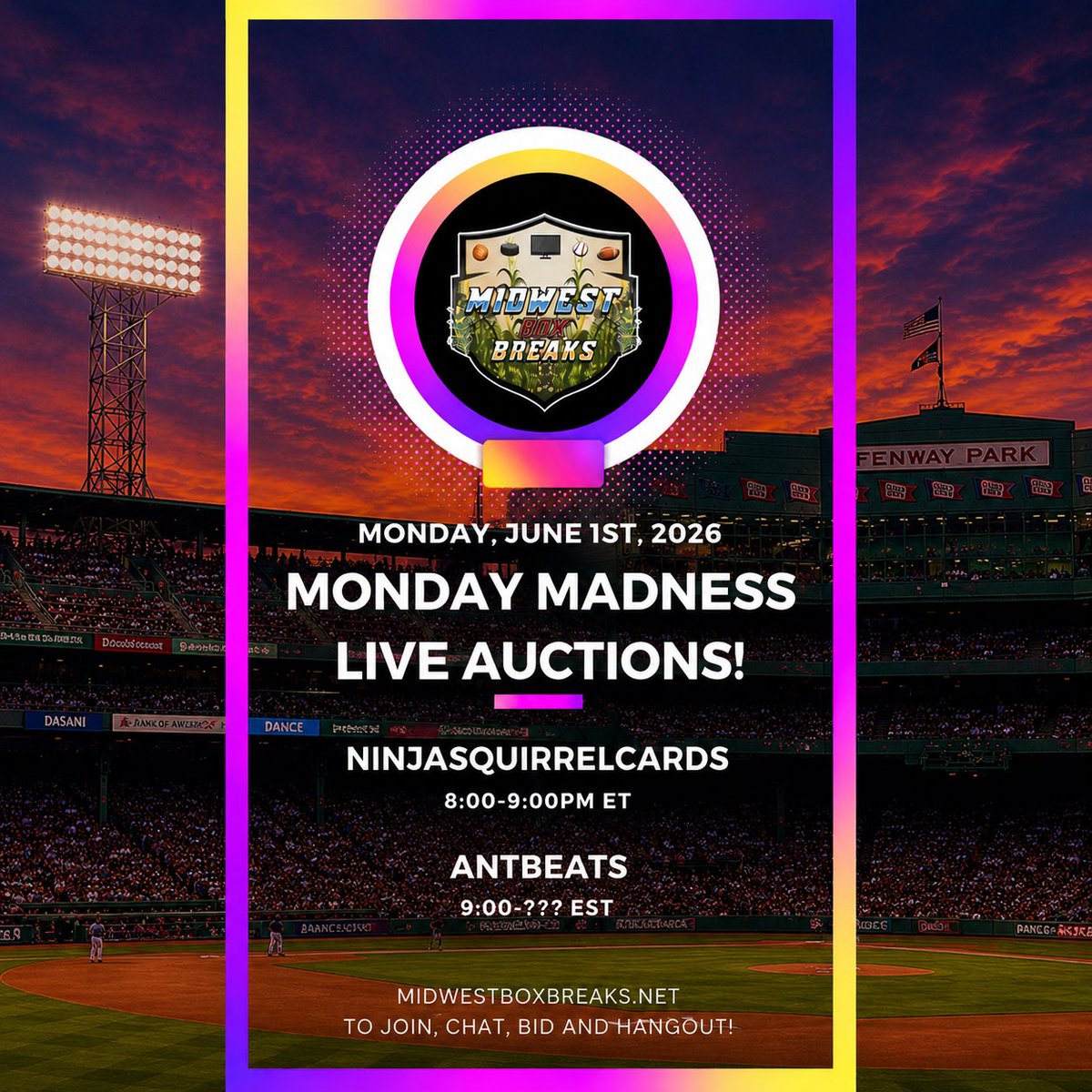 antbeats's tweet photo. Monday it’s going down on the @midwestboxbreak @sports_district platform! NinjaSquirrel at 8pm and myself at 9pm est! Live auctions, discounted store items, and mystery packs! #thehobby https://t.co/ub3FHN5O0U