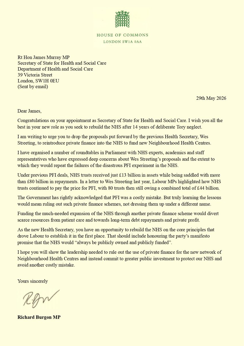 RichardBurgon's tweet photo. PFI in our NHS was a costly disaster. It funnelled billions away from patient care and into the pockets of private firms.

I've written to the new Health Secretary urging him to ditch Wes Streeting's plan to use private finance schemes to build new neighbourhood health centres. https://t.co/ckzJGCFQoF
