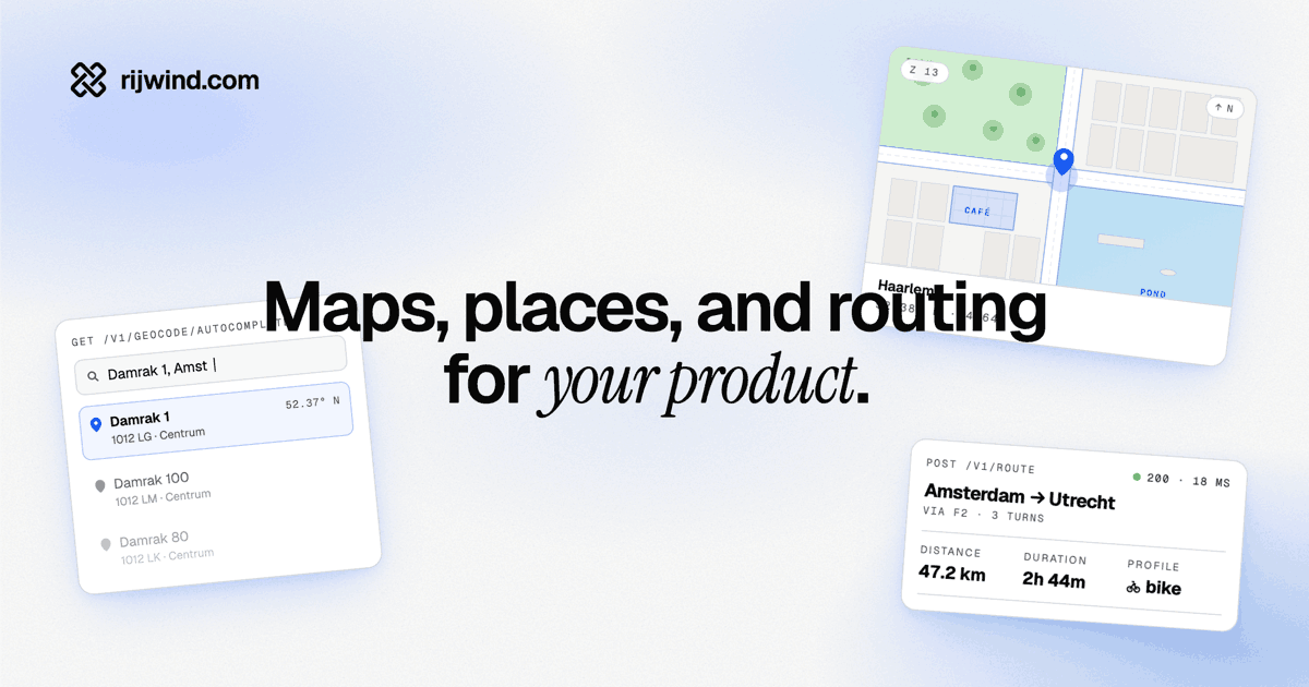 rijwind's tweet photo. Mapbox is expensive and runs on US infrastructure. Today we're launching Rijwind: the European alternative. Map tiles, geocoding and routing, hosted in 🇳🇱 The Netherlands. Privacy-friendly by default. More features coming soon! https://t.co/tGI5dIaKSm