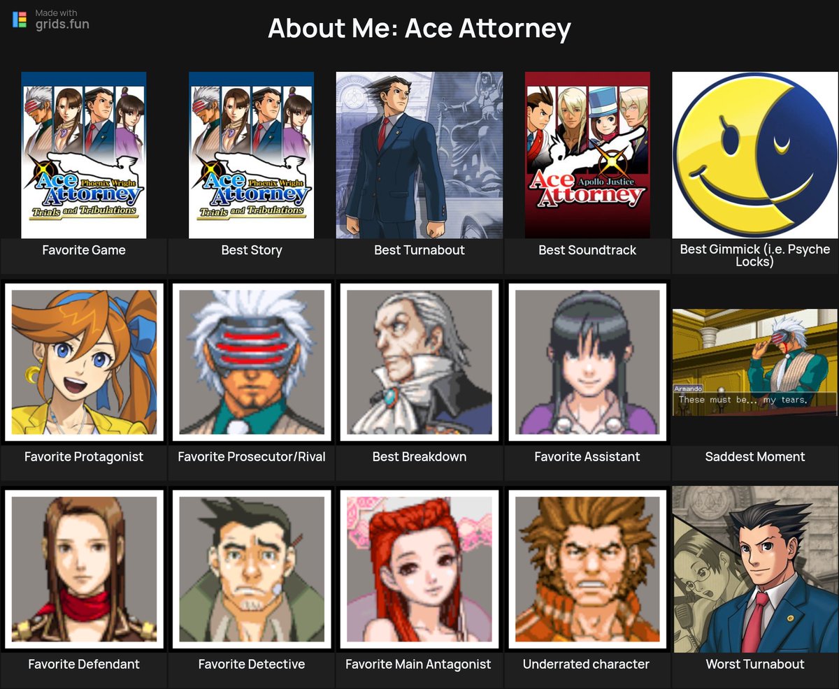 IAmCal____'s tweet photo. ACE ATTORNEY GRID 

Might have to update this when I play the investigation games 😅 https://t.co/w9gYv8uoFC