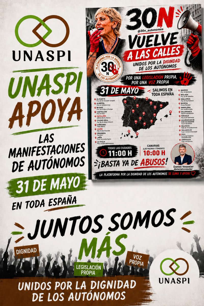30n_Autonomos's tweet photo. 🤝 Los agricultores se suman este domingo 31 de mayo.
Todos autónomos. Todos asfixiados. Todos juntos.
📍 22 ciudades. 11h península | 10h Canarias.
Unidos somos más fuertes. 👊
#autonomos #autonomosespaña #agricultoresespaña #manifestaciónnacional https://t.co/Uj9pgJbyuK