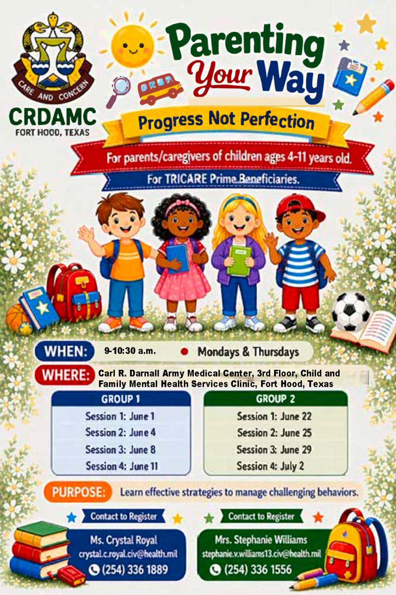 CRDAMC's tweet photo. The Parenting Your Way class will now be held at the Child &amp; Family Mental Health Services Clinic on the 3rd floor of the main hospital.

Open to TRICARE Prime beneficiaries.

📅 Mondays &amp; Thursdays
🕘 9 – 10:30 a.m.

Group and session dates are listed in the flyer. 👇
#CRDAMC https://t.co/YdSJTfu5mp