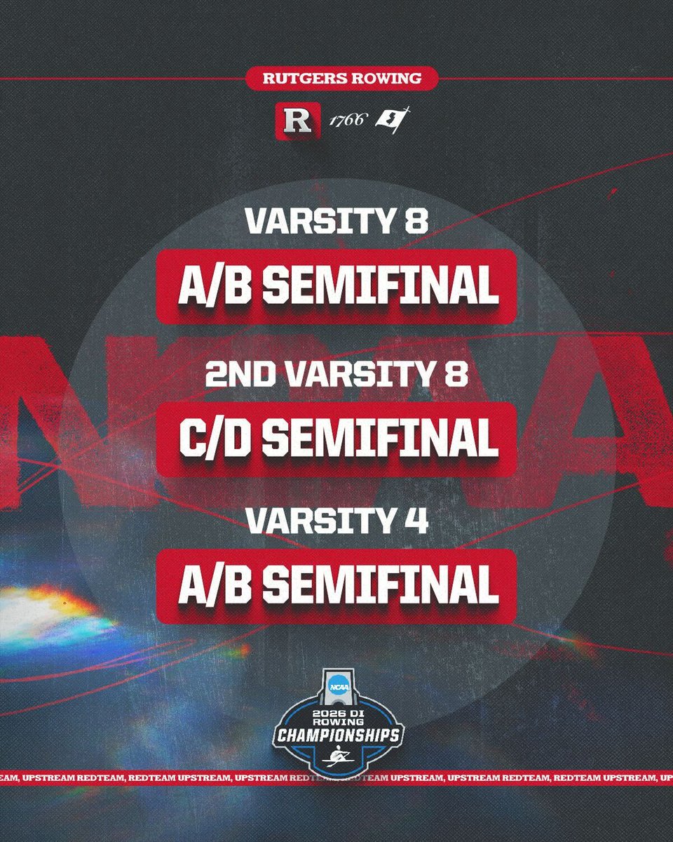 RutgersWRowing's tweet photo. π£ββοΈNCAA CHAMPIONSHIP HEAT RESULTS π£ββοΈ
Varsity 8 & Varsity 4 are heading to the NCAA A/B Semifinals
Second Varsity 8 will race in the NCAA C/D Semifinals
β°Semifinals Start Time: 4:04 pm
πΊ: https://t.co/d0xfjcYIiA
π: https://t.co/cZcL28M0n2
#GoRU #UpstreamRedTeam https://t.co/iu6R4UI2UM
