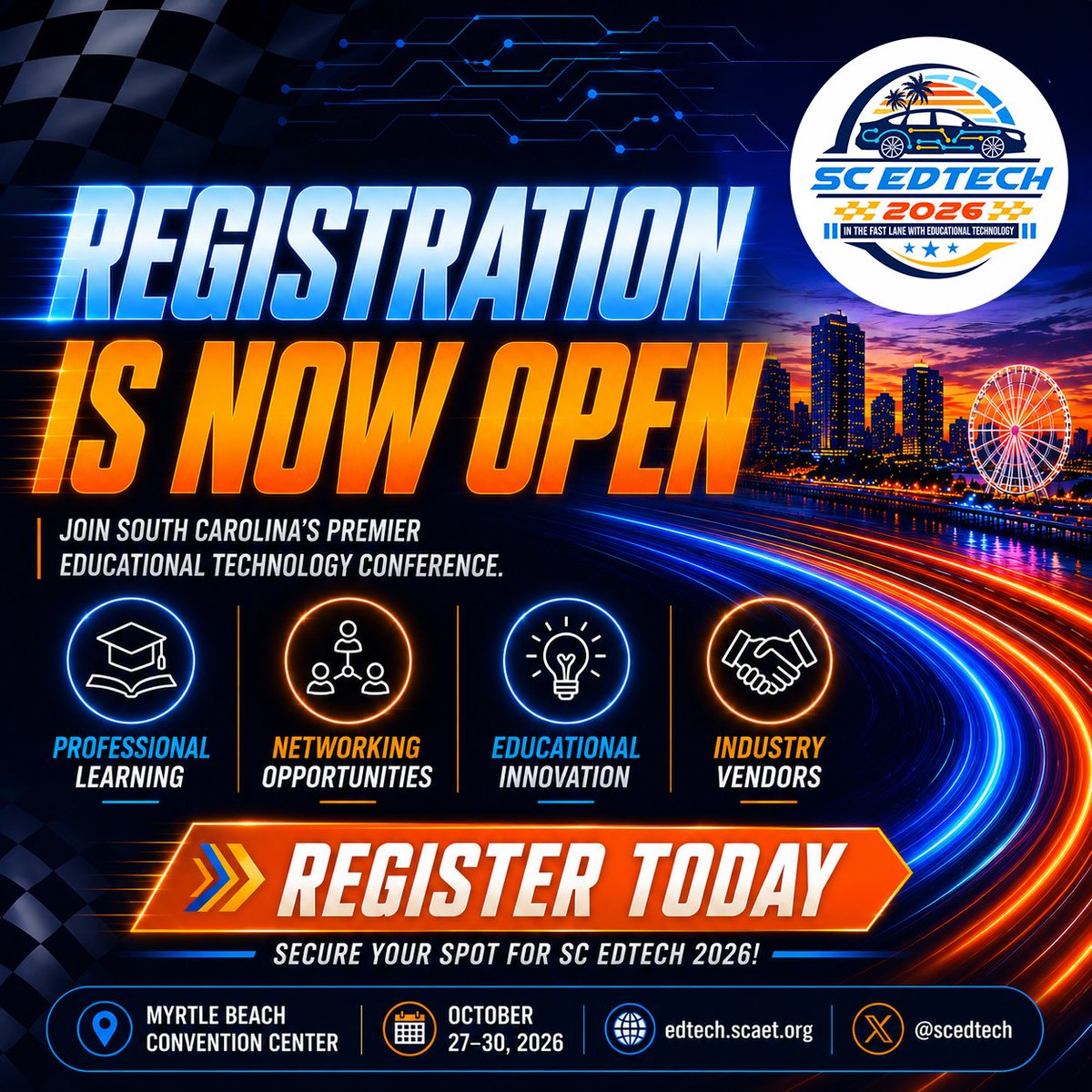 scedtech's tweet photo. 🚦 Registration is now open for SC EdTech 2026!

Join education professionals from across South Carolina this October in Myrtle Beach.

🔗 https://t.co/VVU8jokyvI

#SCEdTech2026 #EdTech https://t.co/B4q5yLFZ1z