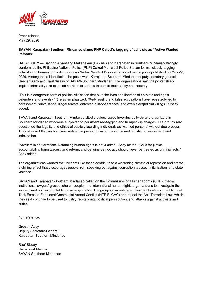 bayanph_smr's tweet photo. BAYAN, Karapatan-Southern Mindanao slams PNP Cateel's tagging of activists as "Active Wanted Persons"
#ActivismIsNotACrime
#StopTheAttacks https://t.co/FlYed7WkSk
