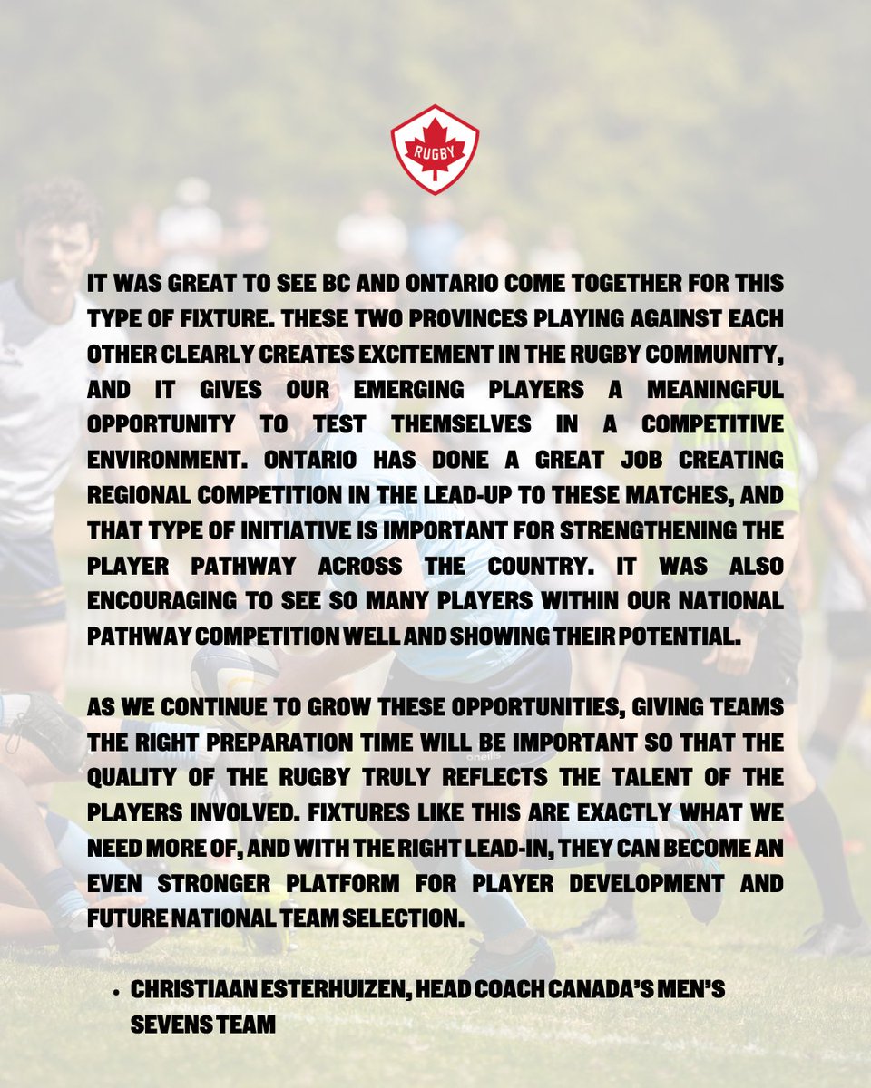 RugbyCanada's tweet photo. Christiaan Esterhuizen and Anthony Mathison were in attendance during the 2026 Canada Cup and shared their thoughts on the importance of high-level matchups like these.🏆🇨🇦

📸  Alfred Rugby

#RugbyCA | #OneSquad @bcrugbyunion @RugbyOntario https://t.co/IU14S33BXY