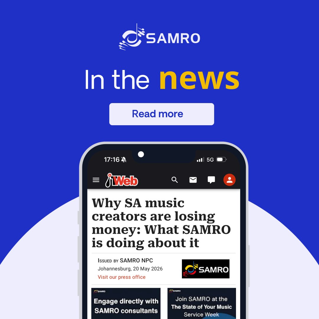 SAMROMusic's tweet photo. #InTheNews:

Why SA music creators are losing money: What SAMRO is doing about it

The Southern African Music Rights Organisation (SAMRO) is inviting music creators, publishers and members to participate in a dedicated two-week member engagement session, The State of Your Music: Service Weeks at SAMRO, taking place from 25 May to 5 June 2026.

Click the link below to read more:

https://t.co/0id0MtiUwf