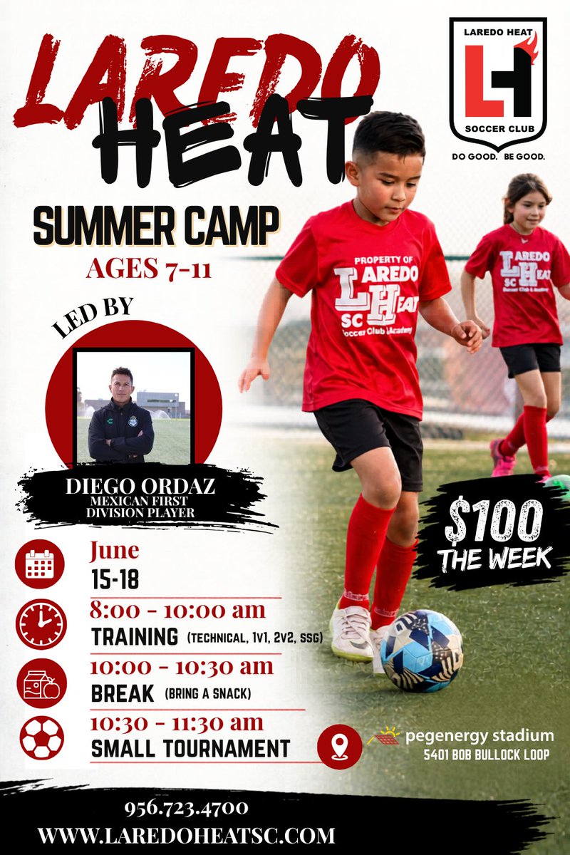 LaredoHeatSC's tweet photo. ⚽ Train with former Mexican First Division player Diego Ordaz this summer!

📅 June 15-18
⏰ 8:00 AM - 11:30 AM
📍 PEG Energy Stadium
👦👧 Ages 7-11
💲 $100

Technical training, 1v1s, SSGs, tournaments &amp; more.

Register:
https://t.co/vqWo6yy2XR

#LaredoHeat #VamosLaredo https://t.co/FDb0b3wwjP