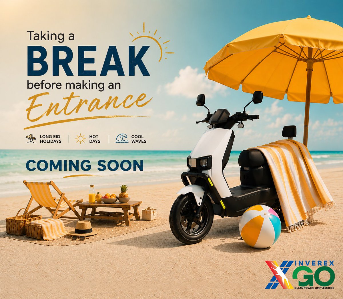 InverexGO's tweet photo. Taking a break before making an entrance. 🌊☀️

While everyone is enjoying the long Eid weekend, we're preparing something exciting behind the scenes.
Stay tuned. The wait won't be long.

#ComingSoon #InverexGO #ElectricMobility #EidHolidays #SummerEscape #NewLaunch #StayTuned https://t.co/L2wH5V2wPg