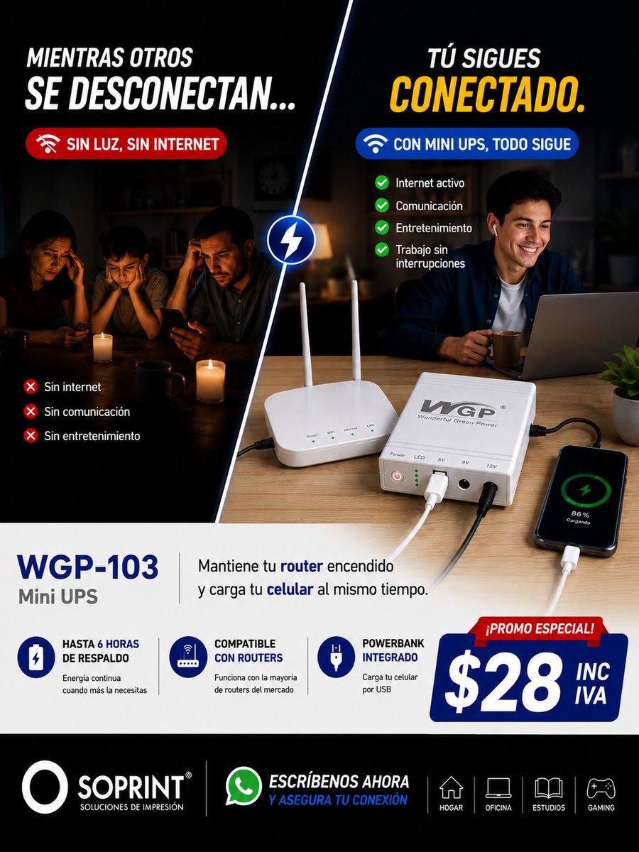 Soprintec's tweet photo. 🔋 En los cortes de luz, el internet no tiene por qué apagarse.
⚡ Hasta 6 horas de respaldo
📶 Compatible con routers
🔌 Powerbank integrado
🏠 Perfecto para hogar y oficina
💥 Llévalo hoy por solo $28 IVA incluido.
📲 Cotiza ahora por WhatsApp y mantente conectado https://t.co/08oq69Hl17