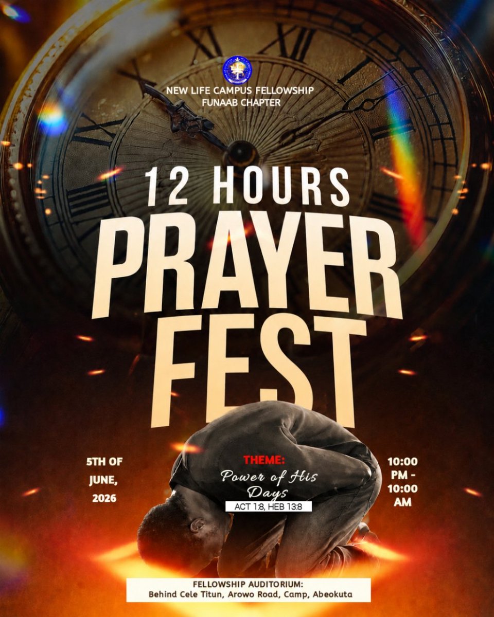 Nlcffunaab's tweet photo. GLORRAYY!

The long-anticipated NLCF PRAYER FEST is finally here!
A 12-hour intense prayer encounter filled with worship, the Word, and undeniable manifestations of God’s power.

📅 Friday, June 5, 2026
⏰ 10:00PM — 10:00AM
📍 Fellowship Aud.

Come expectant. Leave empowered.🔥 https://t.co/Zv73vHoUv0
