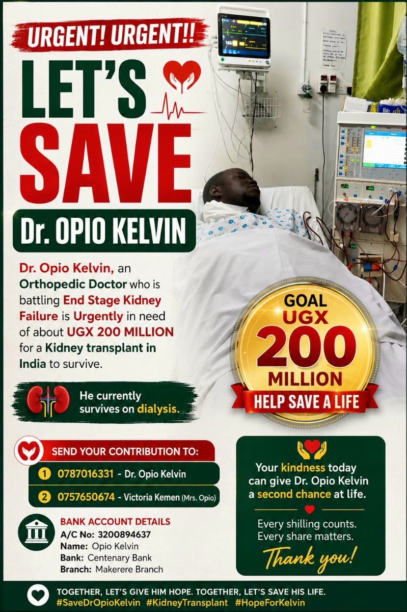 sasiimwe52's tweet photo. Dr. Opio Kelvin, a young Ugandan Orthopaedic SHO, is battling end-stage kidney disease and urgently needs a kidney transplant. Doctors save lives, today one of our own needs saving. Please contribute and share widely. @MinofHealthUG @GovUganda @mkainerugaba, @nbstv, 
@TheUMAoffic https://t.co/IlWOjxXXy5