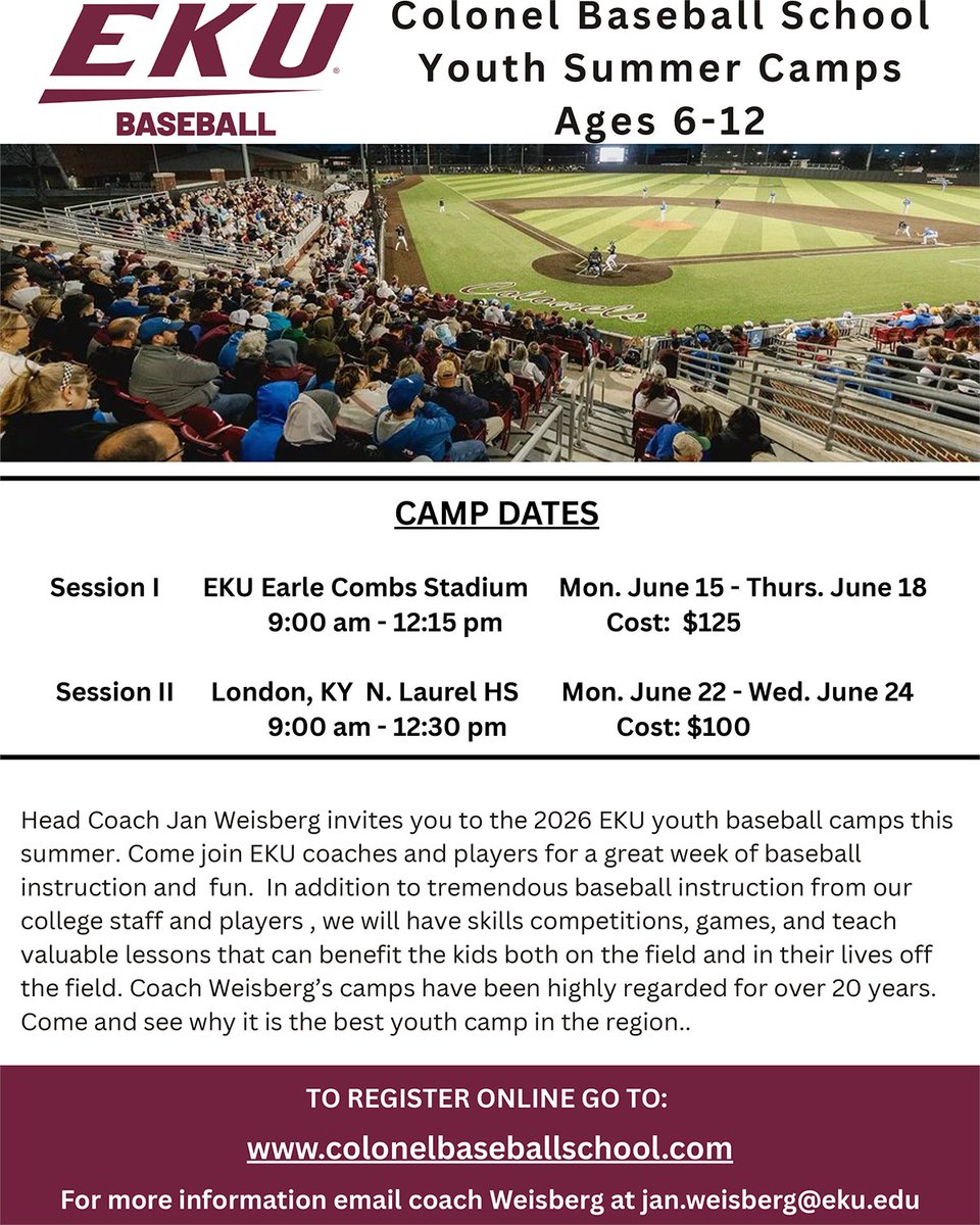 EKUBaseball's tweet photo. Still time to register for the summer camps in June!
More info &amp; registration 👉 https://t.co/97ZZnLiqBT https://t.co/xZrMvrhxFS
