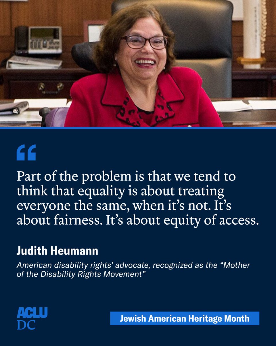 ACLU_DC's tweet photo. This Jewish American Heritage Month, we honor Judith Heumann, a proud Jewish American and trailblazing disability rights activist whose lifelong advocacy transformed accessibility and inclusion in America. https://t.co/X9o5ZWo7Uc