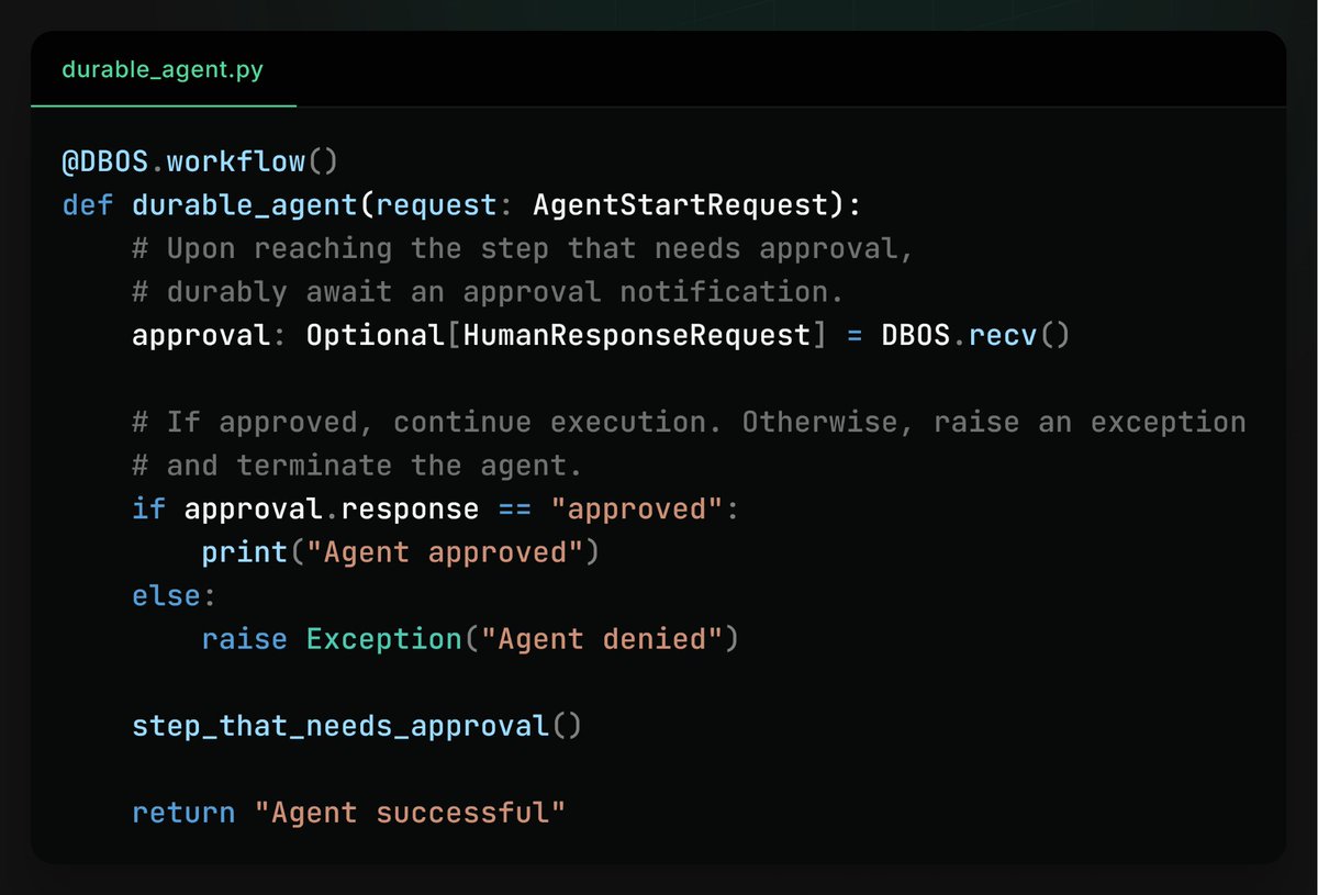 petereliaskraft's tweet photo. A surprisingly hard challenge building AI agents is putting a human in the loop.

If you want your agent to be able to perform critical tasks in production, it probably needs to wait for human approval. However, because there are real people involved, approval doesn't always happen instantly, and agents need to be able to wait hours or days for human intervention, then quickly resume when it arrives.

This creates a new reliability problem for agents, as they’re now running for hours or days instead of seconds or minutes.  As they’re running for longer, it’s much more likely they’re interrupted (server maintenance, code upgrade, process crash) while waiting. For agents to really be usable in production, they need to be able to automatically recover from these interruptions and resume from where they left off.

Durable workflows can help make long-running, human-in-the-loop agents resilient to failure. The idea is to checkpoint an agent’s progress in a database so that if the agent is interrupted, it can recover and resume from its last checkpoint.

To handle human-in-the-loop specifically, we can use a database-backed messaging system where an agent awaits a notification delivered through the database. When the agent first starts waiting, it checkpoints a timeout. If the agent is interrupted, it recovers from its checkpoints and continues waiting towards the timeout. When a human approves the agent, the approval message is written to a database table so that when the agent is ready and recovered, it can read the message and continue execution. That way, an agent can run for days waiting for human approval and be ready to go as soon as it arrives.