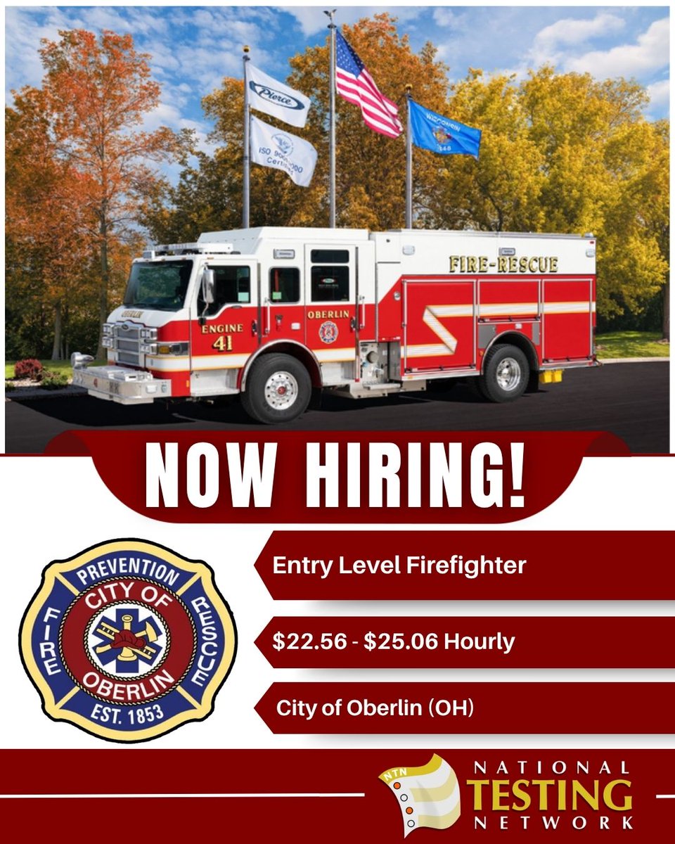 NationalTesting's tweet photo. The City of Oberlin (Oberlin, OH) is hiring for the position of Entry Level Firefighter.
 Salary: $22.56 - $25.06 Hourly
 Please submit your application materials by 06/26/26.
 Start your career in public safety today! https://t.co/GLsO71fNMR