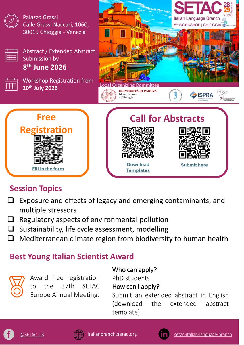 DiBio_UniPD's tweet photo. The 5th SETAC Italian Language Branch Workshop will be held Sept 28–29, 2026, in Chioggia @Unipd.

Topics include emerging contaminants, multiple stressors, sustainability, environmental modelling, and Mediterranean ecosystem health.

📢Abstract submission open until June 8 https://t.co/8jIbtNg3YR