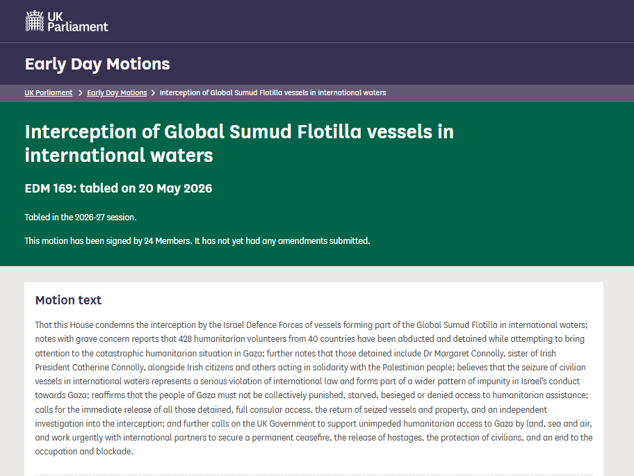 labourlewis's tweet photo. I’ve signed a parliamentary motion condemning the interception of Global Sumud Flotilla vessels by the IDF in international waters.

Those detained include Dr Margaret Connolly, sister of Irish President Catherine Connolly, alongside humanitarian volunteers, medics, lawyers, journalists, clergy, parliamentarians and human rights defenders from across many countries.

They carried no weapons and posed no threat. Their mission was to shine a light on the starvation, siege and collective punishment taking place in Gaza.

The UK Government must support urgent, unimpeded humanitarian access into Gaza.