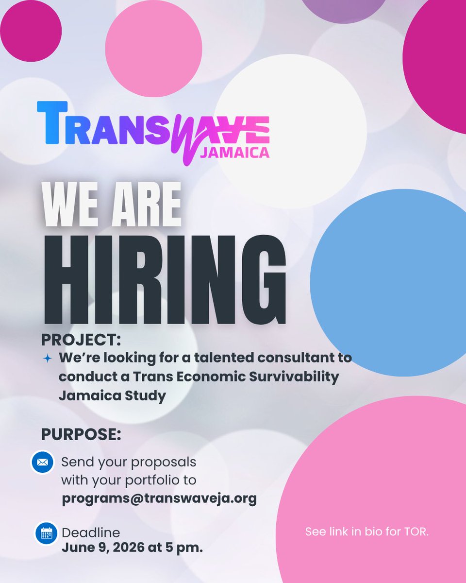 TransWaveJA's tweet photo. TransWave Jamaica Ltd is seeking a consultant to conduct an Economic Survivability Study on the TGNCNB Jamaicans.

Help generate critical data to advance advocacy, policy, and economic inclusion.
Apply via the link in our bio.

#TransWaveJamaica #EconomicJustice https://t.co/yp2ag4nv6P