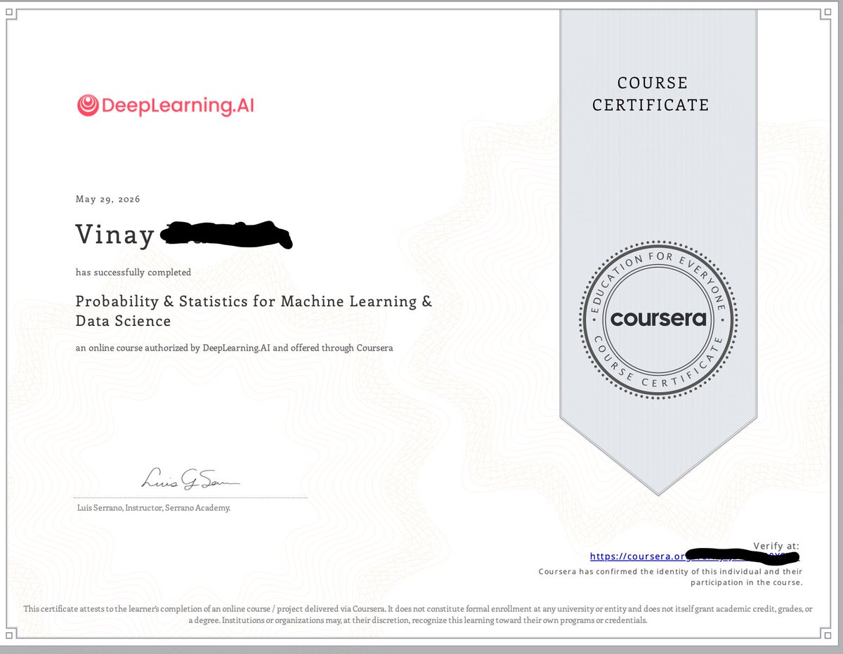 init_vinay's tweet photo. #100DaysOfCode/#100DaysOfML day 83
ML - completed all pending lectures, labs, assignments of the stats and prob. course and FINALLY COMPLETED THE MATHS FOR ML AND DS SPECIALIZATION COURSE SERIES

DSA - solved balanced binary tree problem

Gym - back &amp; biceps

#LearnInPublic #DSA https://t.co/GMwchYuMkF