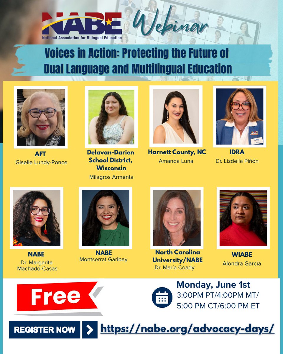 NABEorg's tweet photo. 🚨 FREE NABE ADVOCACY WEBINAR 🚨

Across the country, Dual Language and multilingual education programs are facing unprecedented challenges. Join educators, advocates, researchers, and community leaders as we discuss recent program closures, share successful advocacy efforts, and explore strategies to protect and strengthen multilingual education for future generations.

🎙 Voices in Action: Protecting the Future of Dual Language and Multilingual Education

📅 Monday, June 1
🕒 3:00 PM PT | 4:00 PM MT | 5:00 PM CT | 6:00 PM ET
💻 Free Webinar
🔗 Register today: https://t.co/aXXXW8iw3D

#NABE #MultilingualEducation #DualLanguageEducation #BilingualEducation #LanguageAdvocacy #MultilingualLearners #EducationalEquity #AdvocacyInAction #ProtectDualLanguage #VoicesInAction