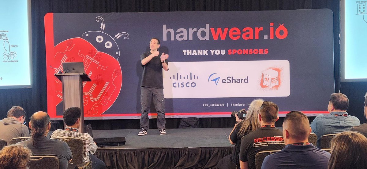 hardwear_io's tweet photo. Joe Grand takes the stage, and the room is locked in.

This session dives into something rarely seen outside theory, real-world hardware implants.

#HardwearIO #HardwearUSA2026 https://t.co/FA4OgqsbA4