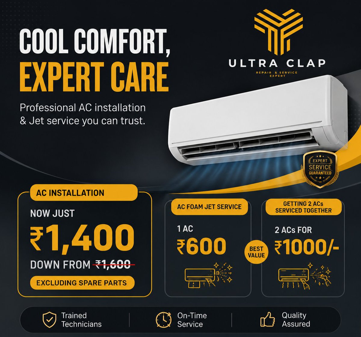 ultraclap1's tweet photo. ✅ AC Installation – Now just ₹1,400
₹1,600 (Excluding Spare Parts)

✅ 1 AC Foam Jet Service – ₹600 Only

💥 Special Combo Offer
Get 2 ACs serviced together for just ₹1000/-

✔️ Trained Technicians
✔️ On-Time Service
✔️ Quality Assured
https://t.co/ynxuGIZddk
#UltraClap #AC https://t.co/g106gwAS9S