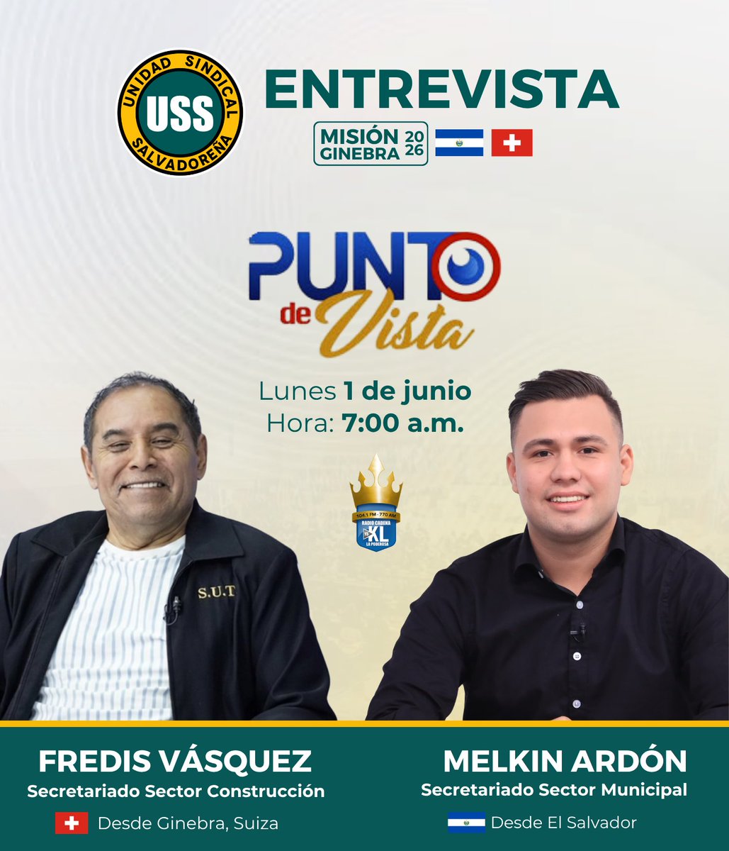 UnidadSindical_'s tweet photo. ENTREVISTA | RADIO YSKL

Este lunes 01 de junio a las 7:00 am. no te pierdas la participación de Fredis Vásquez, (@FredisJovel4), desde Ginebra, Suiza, y Melkin Ardón, (@Melkinardon), desde El Salvador, en @radioyskl.

Abordando el proceso histórico que impulsa el país para salir de la lista corta de la OIT.

Los avances en diálogo social y los retos para fortalecer los derechos de la clase trabajadora.