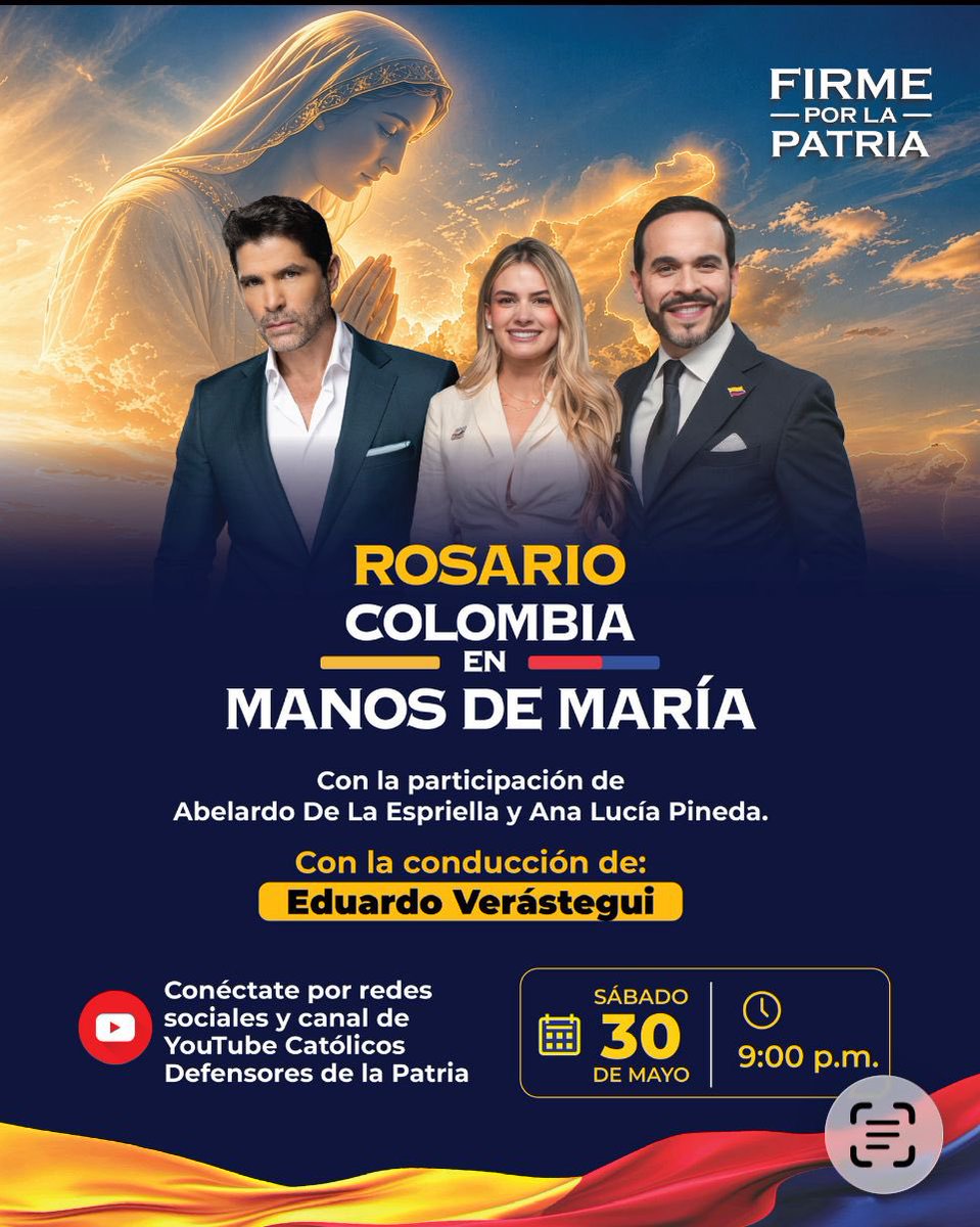 EVerastegui's tweet photo. Colombia en las manos de María. 🇨🇴🙏
Este sábado a las 9:00 p. m. nos uniremos en el Santo Rosario junto a Abelardo de la Espriella, su esposa Analu y millones de personas de buena voluntad.
La batalla es espiritual. La oración es nuestra fuerza. La esperanza está en Dios.
Únete y comparte.
@ABDELAESPRIELLA