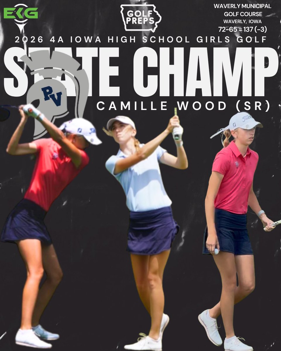 IowaGolfPreps's tweet photo. Pleasant Valley SR and Northern Iowa commit Camille Wood is your 2026 4A Individual State Champion! Camille fires off a second round of 65 (-5) and claims the title via a playoff!

Presented by EKGolf Iowa

#ighsau

@Bound_IA https://t.co/memN7v9s0T