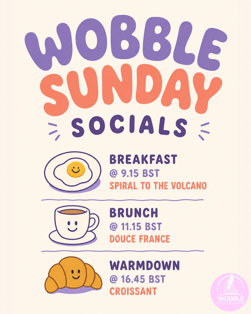 CycleWcc's tweet photo. WOBBLE SUNDAY SOCIALS ☕🥐🌋

Sunday 31st May
🍳 Breakfast — 9.15 BST
Spiral to the Volcano

☕ Brunch — 11.15 BST
Douce France

🥐 Warmdown — 16.45 BST
Croissant

#WobbleSunday #SundaySocials #Zwift #CyclingCommunity #CafeRide #VirtualCycling

https://t.co/Jk93kCaSqP https://t.co/L1ErVraLNi