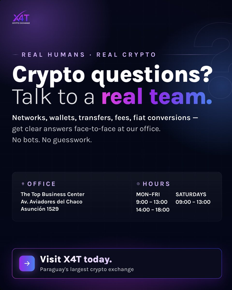 X4Tcom's tweet photo. At X4T, we believe financial decisions should be made with clear information.
Get answers to your questions about networks, wallets, transfers, fees, and fiat conversions with our team, in person. https://t.co/O8SoNwU5l7